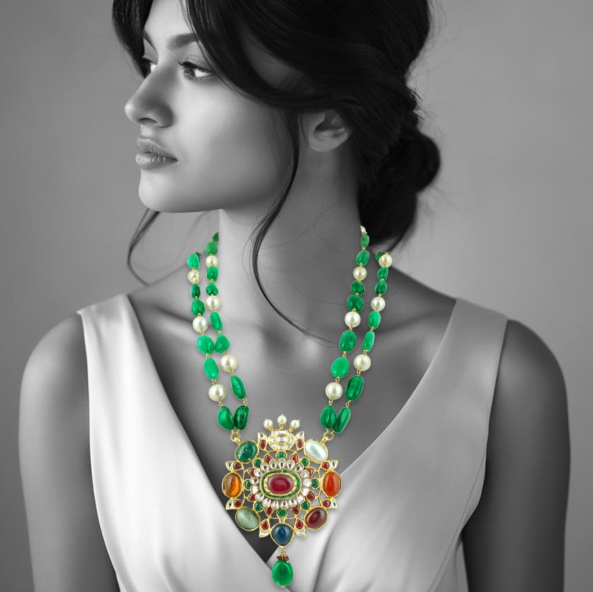 Navaratan Pendant Necklace with Emerald Maniya and Pearls